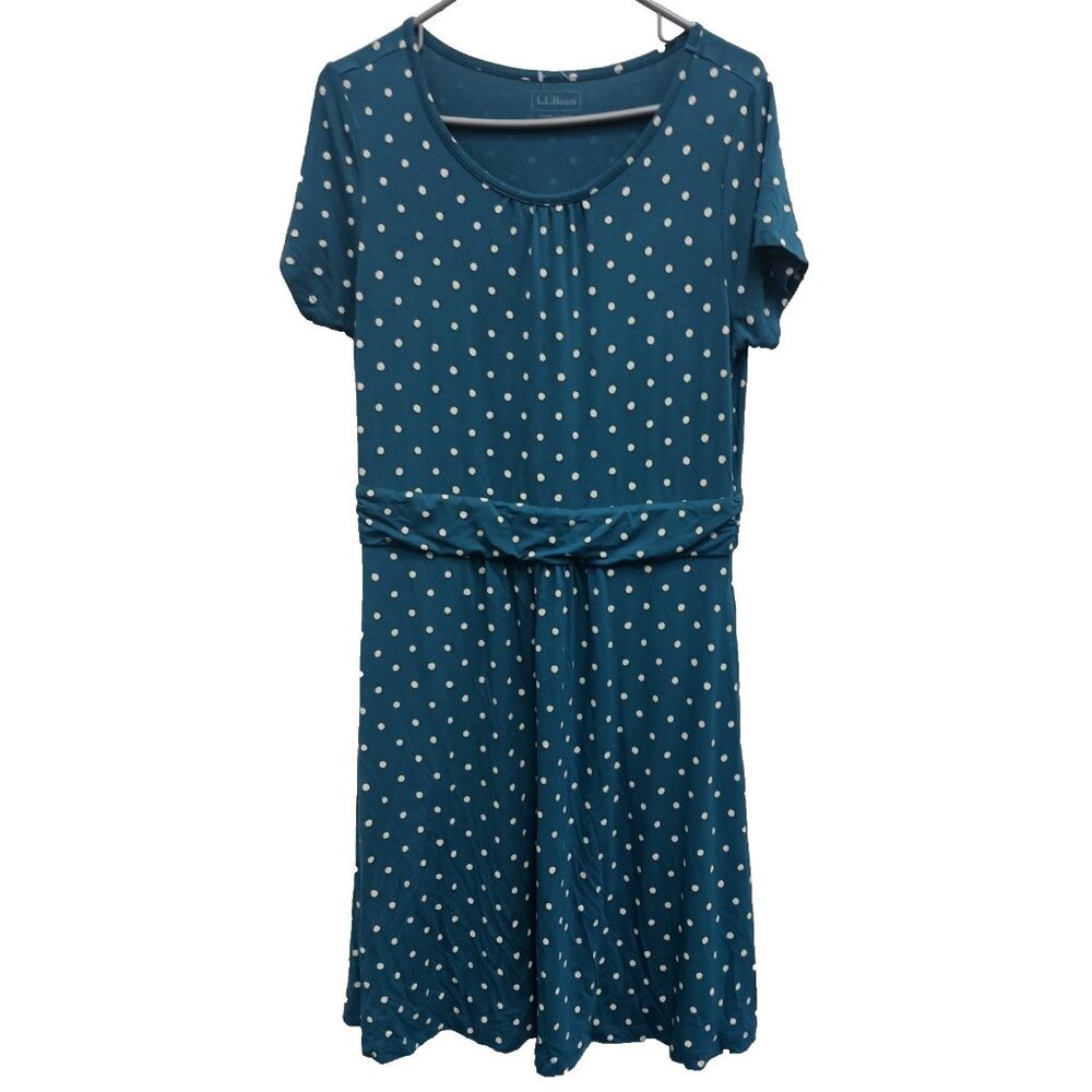 L.L Bean Womens A-Line Dress Medium Teal White‎ Polka Dot Short Sleeve Preppy